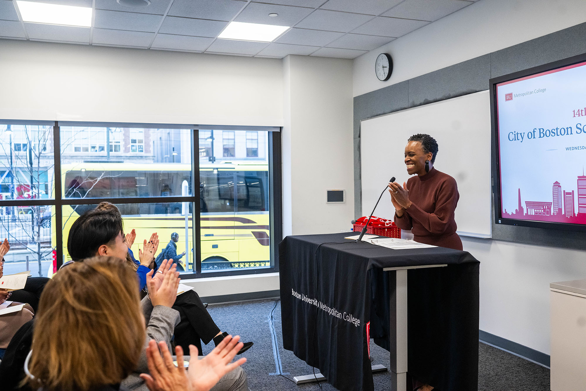 Photo: BU President Melissa Gilliam at the 14th annual City of Boston Scholarship Reception