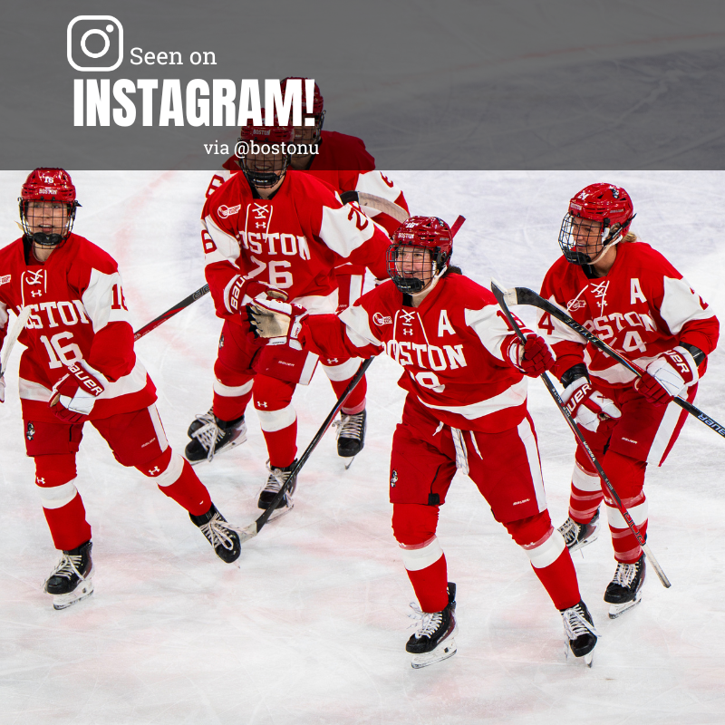 Photo: Women's hockey team celebrates a win. Text overlay reads "Seen on instagram via @buathletics"