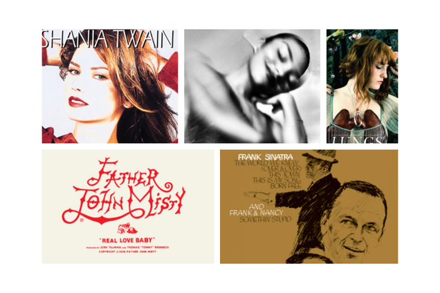 Image: Six vintage-style album covers arranged in a two-row grid: three covers across the top (left: a color portrait of a woman with long hair and bold text at the top; center: a high‑contrast black-and-white close-up of a face; right: a color portrait of a woman in a floral dress) and two covers on the bottom row (left: cream background with ornate red script reading "Father John Misty"; right: sepia-toned illustration of a man in a hat with song titles listed). Some faces are blurred.
