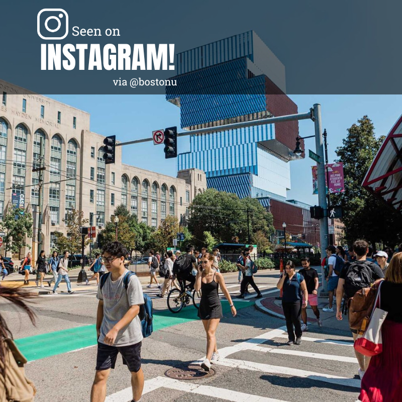 Photo: Boston University students walking along Commonwealth Avenue with the CDS building in the background. Text overlay reads "Seen on Instagram! via @bostonu"