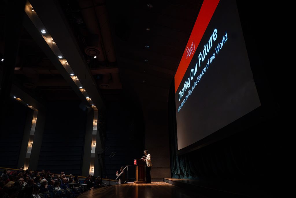 Photo: BU President Melissa Gilliam at the annual presidential address at the Tsai Center