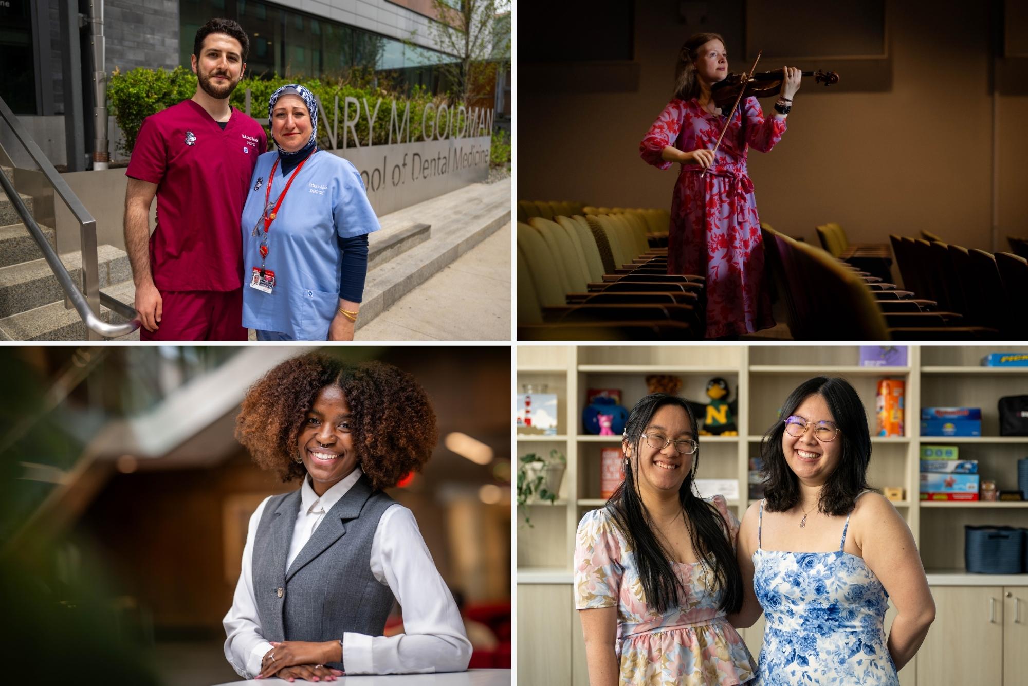 Photo: A collage of four individuals posing for a stylistic photo, top let a mother and son duo, top right, a woman with her violin, bottom left a young woman with a beautiful smile, and bottom right, two people with floral dresses smiling together