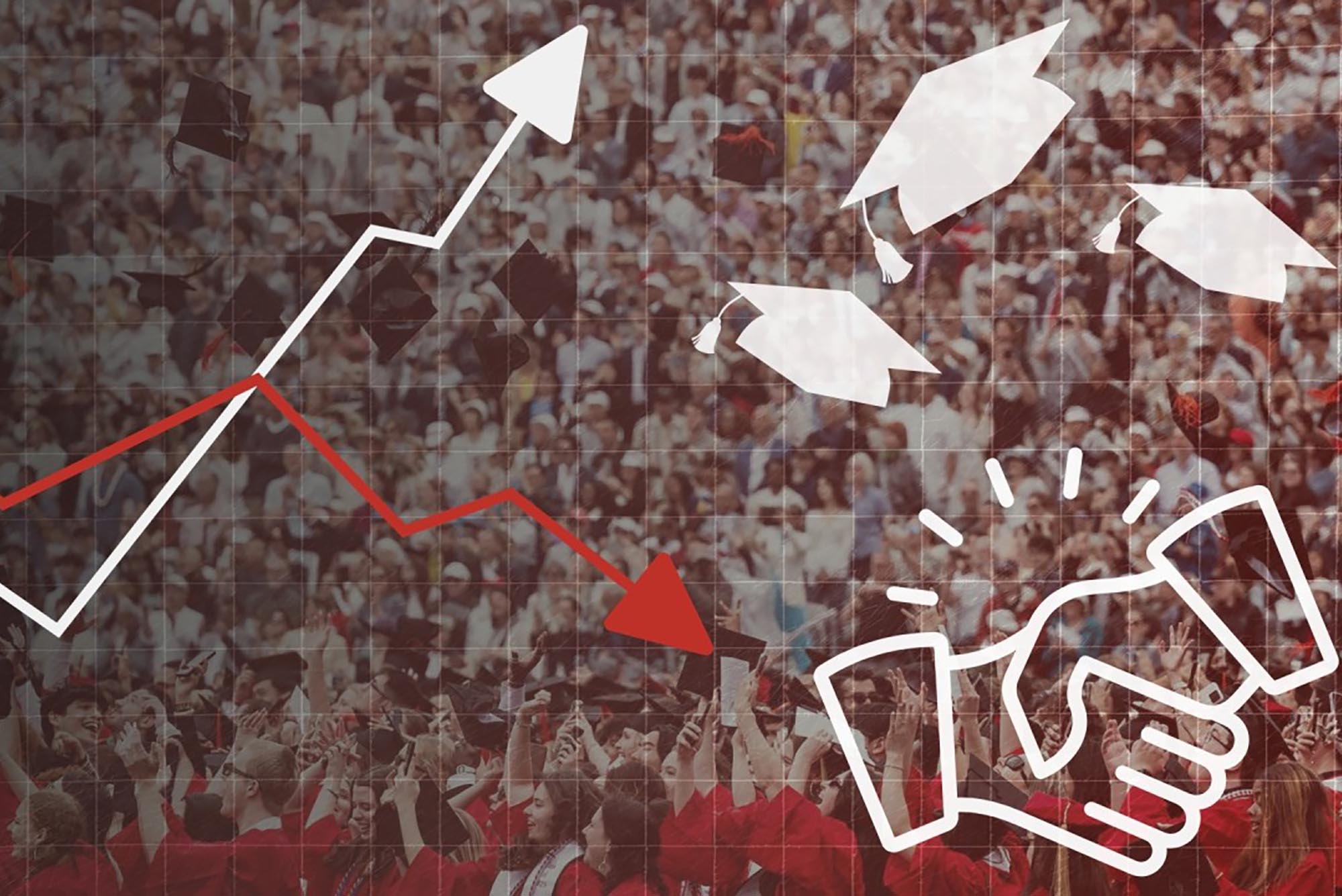 Photo: A graphic with two graph arrows pointing up with a thumbs up icon on the right hand side
