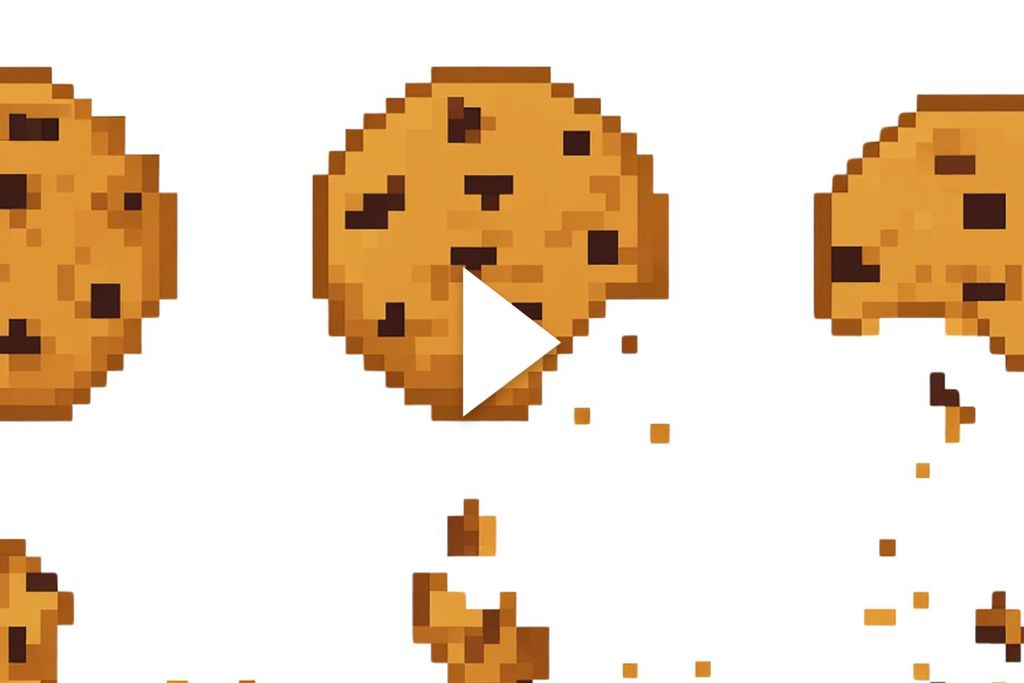 Photo: A graphic of a pixelated cookies with a play button overlay