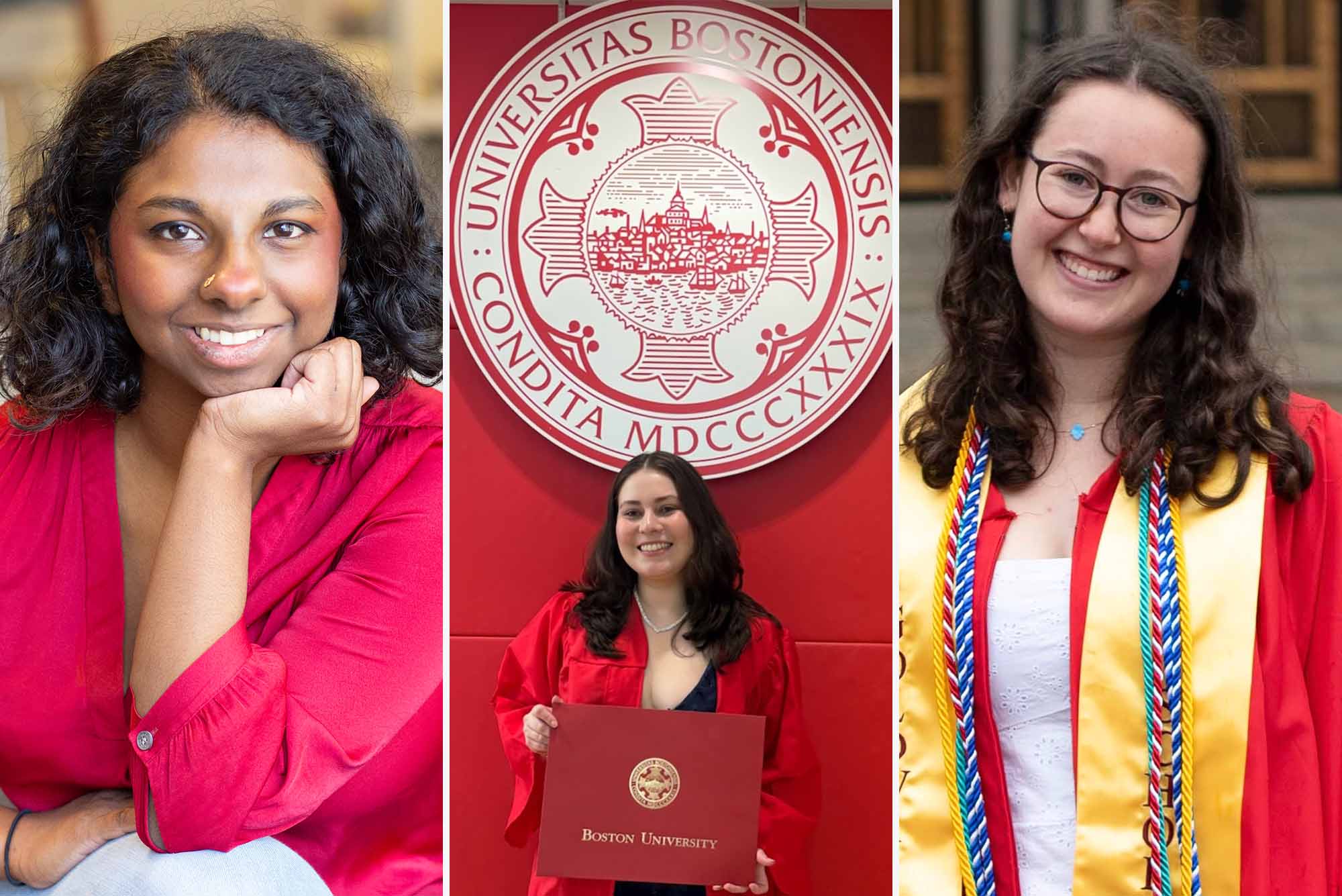 Photo: A collage of three students in red smiling for a camera.