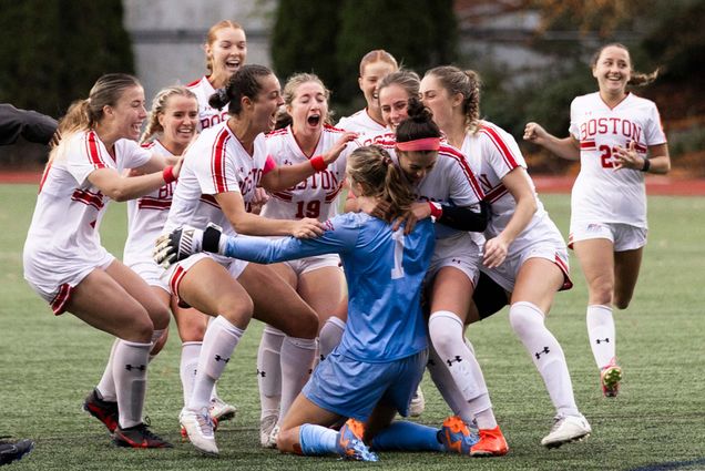 Photo: BU Women's soccer team celebrates a win