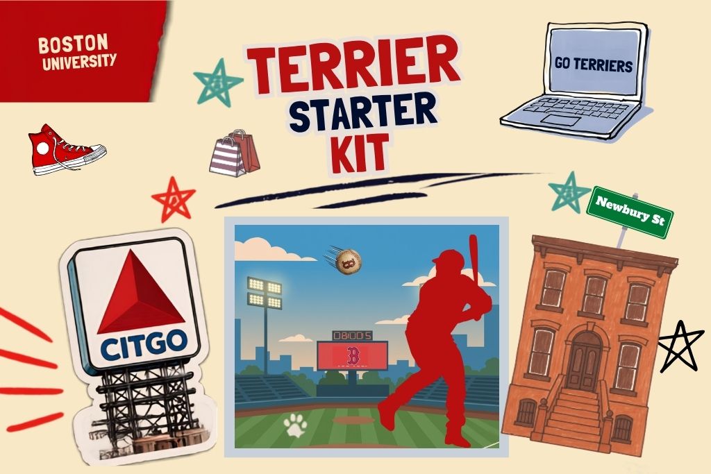 llustrated Boston University “Terrier Starter Kit” graphic featuring campus and Boston-themed icons, including the CITGO sign, a Fenway-style baseball scene, Newbury Street sign, red sneakers, shopping bags, a laptop reading “Go Terriers,” and BU branding.