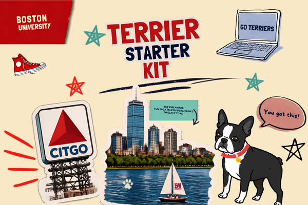 Illustrated Boston University “Terrier Starter Kit” graphic featuring BU-themed doodles, including the CITGO sign, Boston skyline and Charles River, a sailboat, a Boston terrier mascot with a “You got this!” speech bubble, a laptop reading “Go Terriers,” and red sneakers.