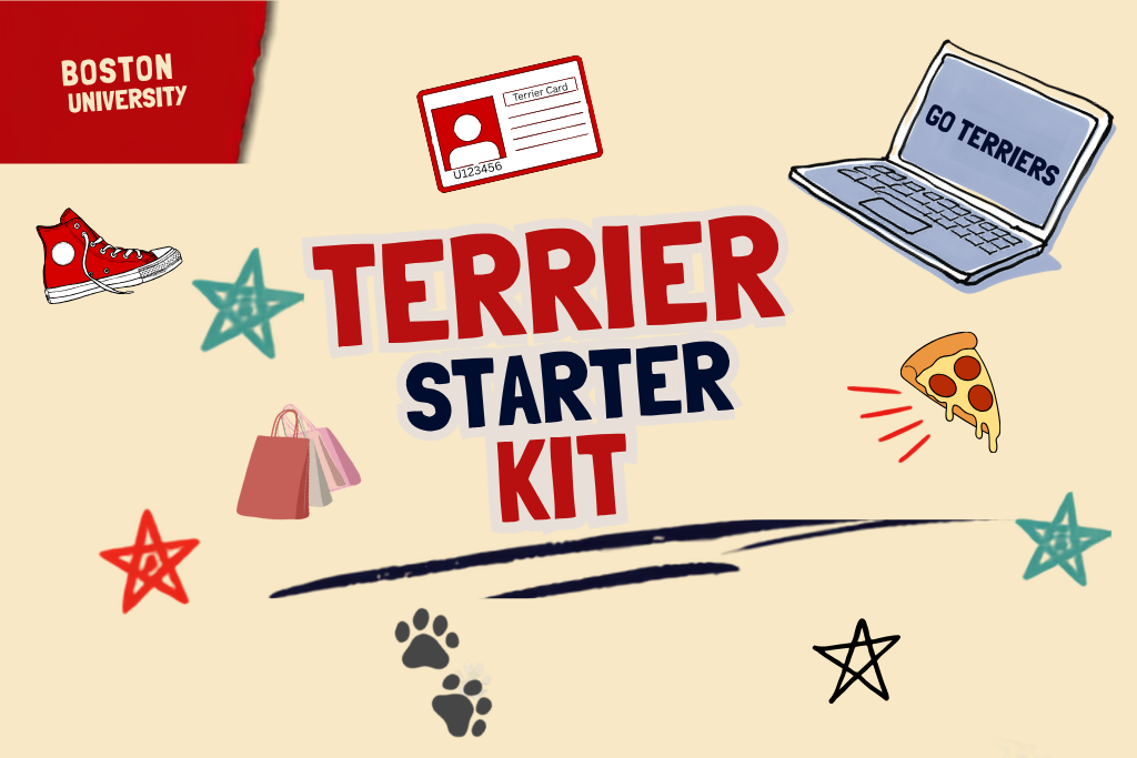 Graphic reading “Terrier Starter Kit” with Boston University branding, surrounded by illustrations of a Terrier Card, laptop, red sneakers, shopping bags, pizza slice, paw prints, and doodled stars.