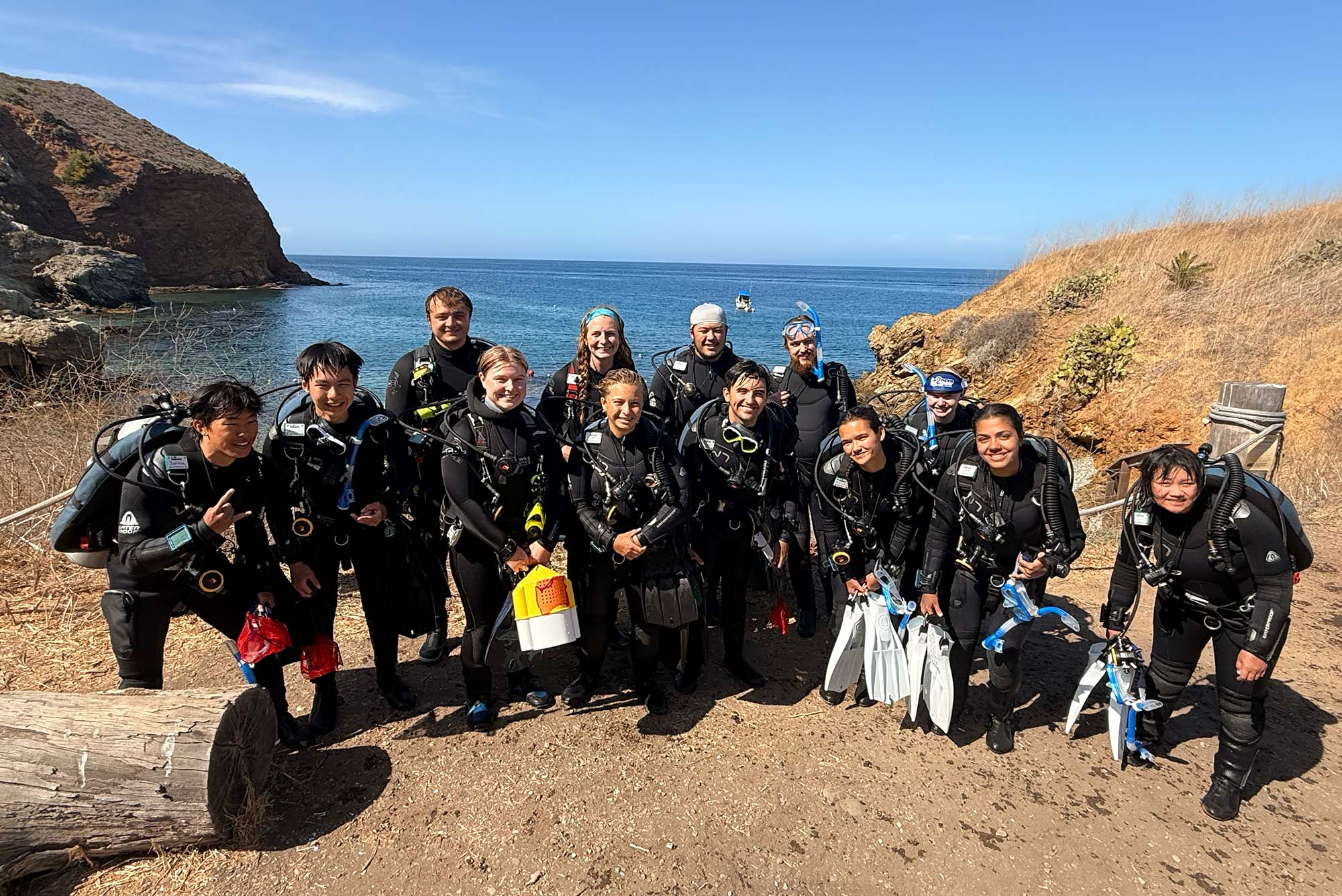 Students in BU’s inaugural Marine Science Career Accelerator Program at Camp Emerald Bay on Catalina Island. Junha Lee (CAS’27) (from left), Harrison Chin (CAS’29), Harrison Carrell, Senior Aquarist, Cindy Belkowiche, Director of the Pennington Marine Science Center, Allison Cinelli (CAS’27), Max Ma (CAS’26), Luis Bello (CAS’26), Julian Eichers (CAS’29), Marielle Legaspi (CAS’27), Robin Muse (CAS’26), Sarah Salinas (CAS’28), and Maddie Lam (CAS’28). Photos by Sarah Das