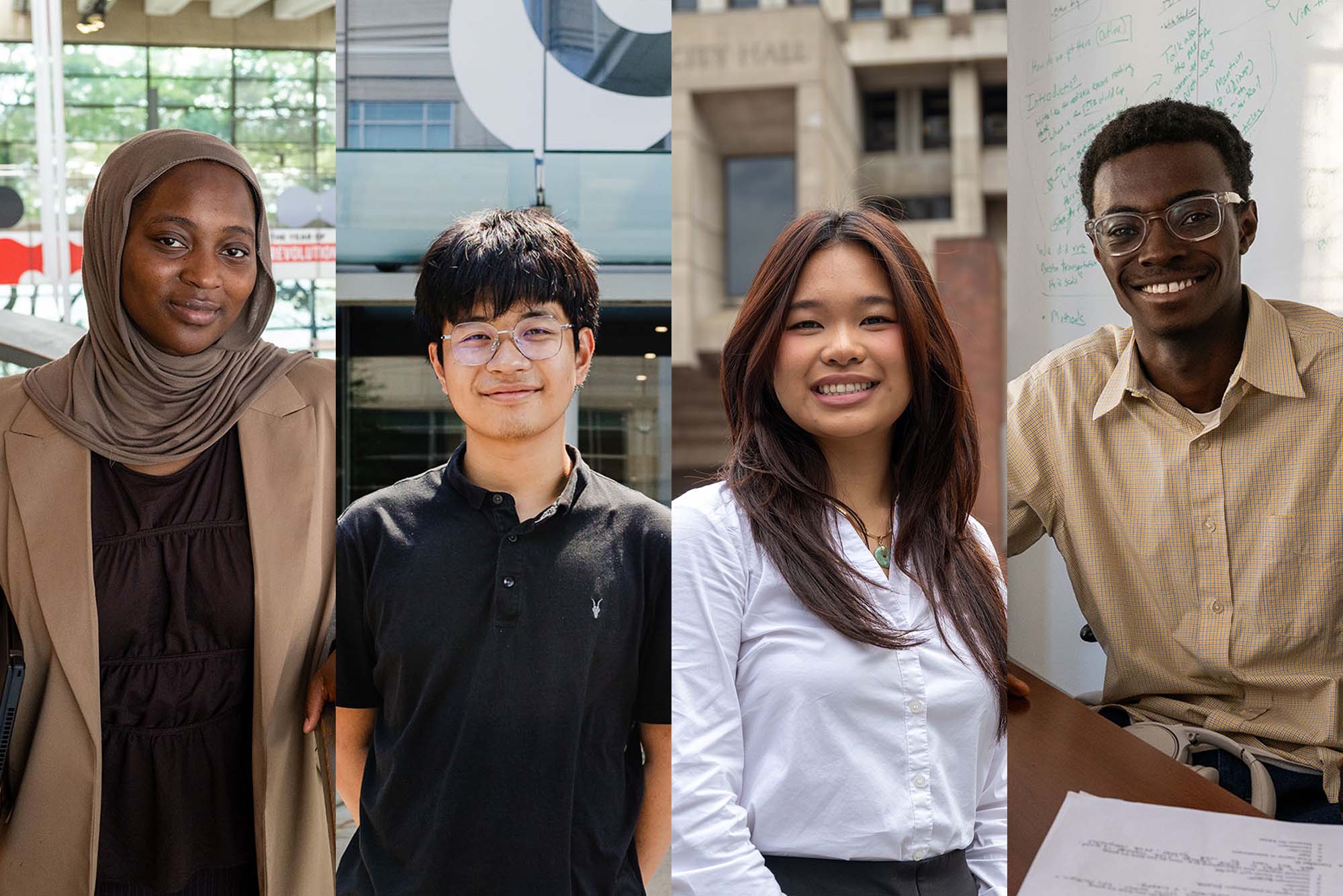 Photo: Kareemat Adeagbo (ENG’29) [from left], Yunming (Teddy) Huang (CDS’29, COM’29), Sophia Nguyen (CAS’29), and Luis Hernandez (CAS’29)