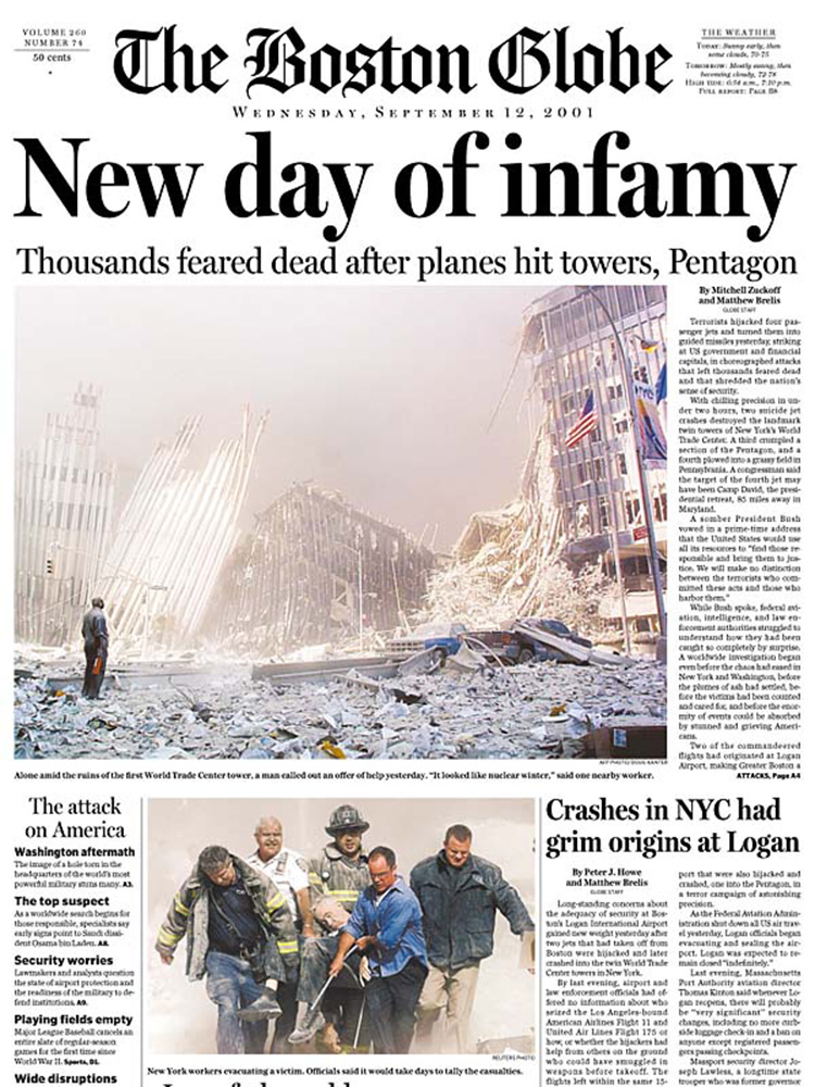 Photo: Front page of Boston Globe from September 11 2001