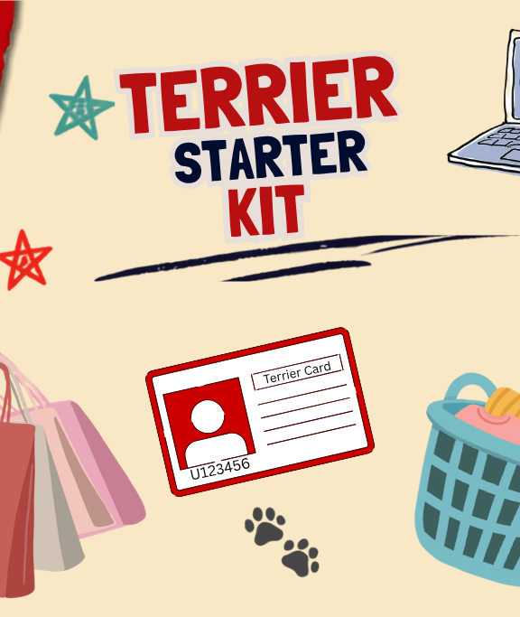 Graphic titled “Terrier Starter Kit” with Boston University branding and illustrated with BU student discounts, including a laptop that says “Go Terriers,” red sneakers, a place setting, shopping bags, a Terrier Card, paw prints, a laundry basket, and a museum ticket.