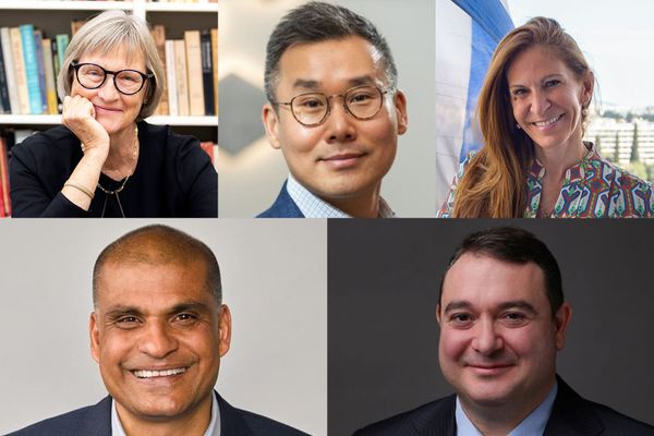 Photo: Composite image of the five new trustees being welcomed to Boston University in fall 2026