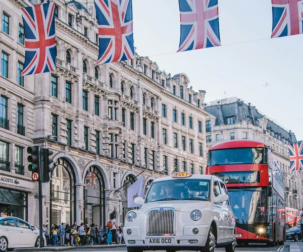London street with Cab and double decker bus