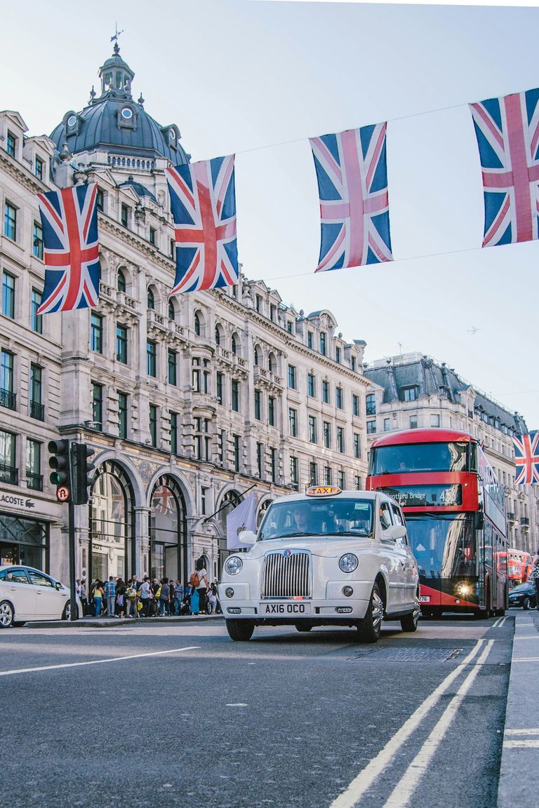London street with Cab and double decker bus