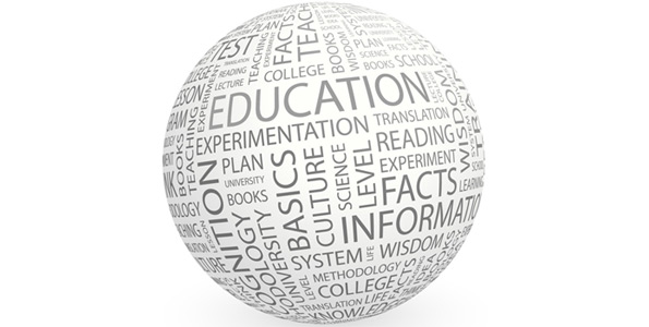 Graphich of a globe with education words all over it