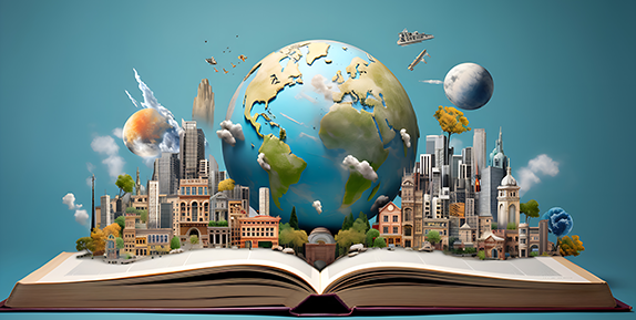 graphic image of opend book with buildings and the earth in the middle