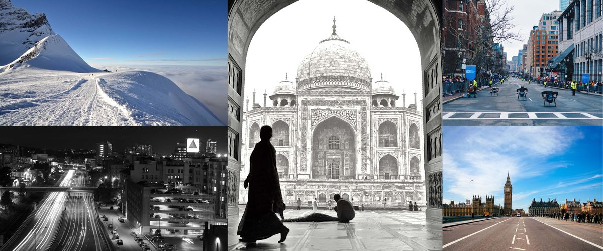 collage of photos snow covered mountain road, night view of mass pike and Citgo sign, taj mahal, wheel chair finishers in the boston marathon and street view of parliment