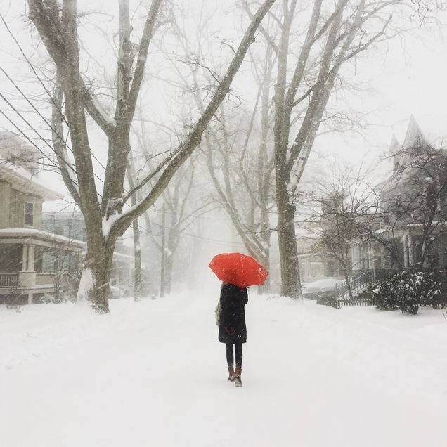 2019 GP Photo Contest Winner Woman walking in the snow with a red unbrella