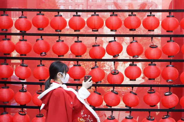 2021 GP Photo Contest First Place winner Chinenese girl in red coat walking past red lanterns