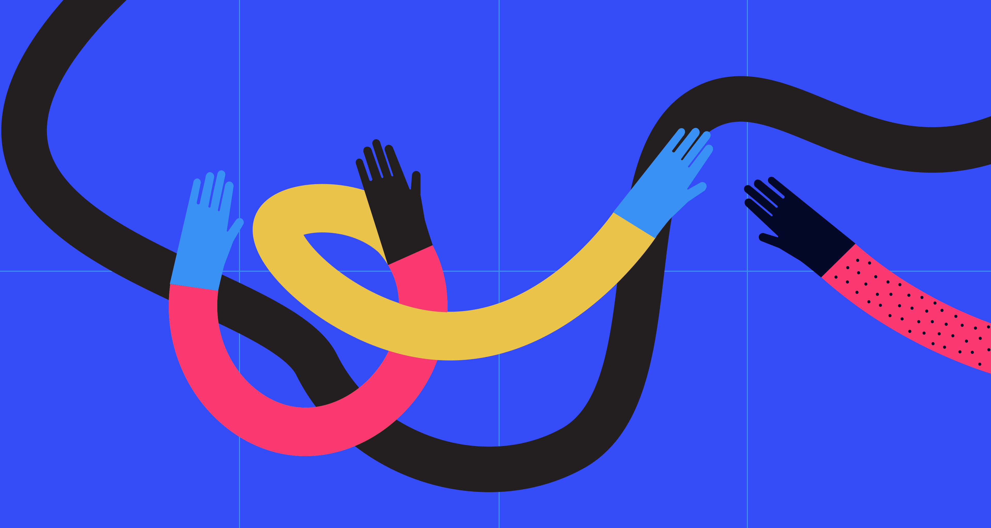 graphic with multicolored hands over a blue background