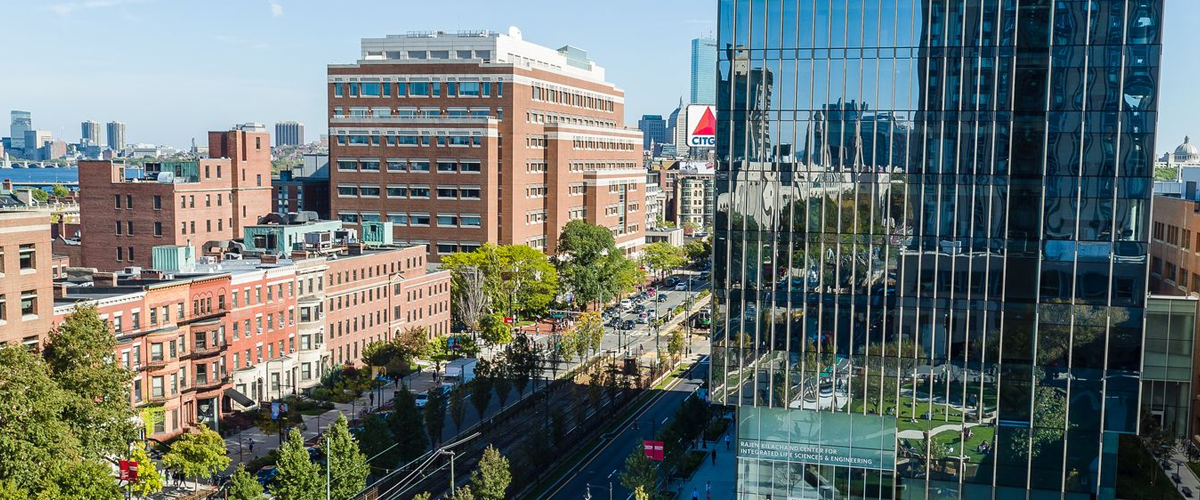 An aerial view of the Kilachand Center and BU campus from Commonwealth Ave.