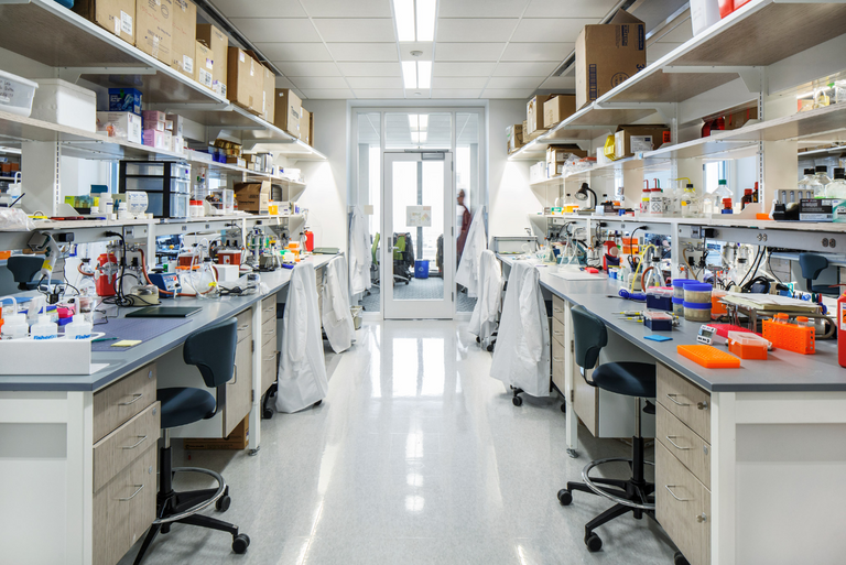 A university lab with a variety of scientific equipment on the desks.