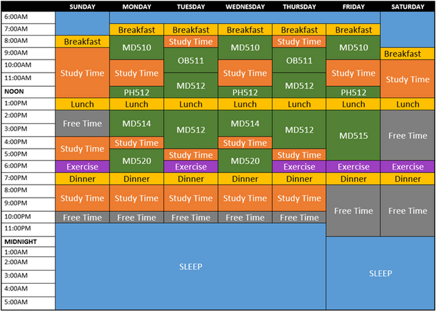 Sample calendar showing how to schedule study hours into your day