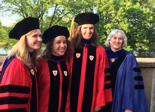 At the PhD Hooding Ceremony on May 19th: Emily Voelker, Anjuli Lebowitz, Erin Nolan, and Professor Kim Sichel.