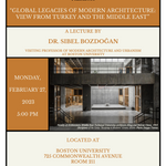 advertising poster for the lecture with an image of a modern interior made of concrete and honey-colored wood.