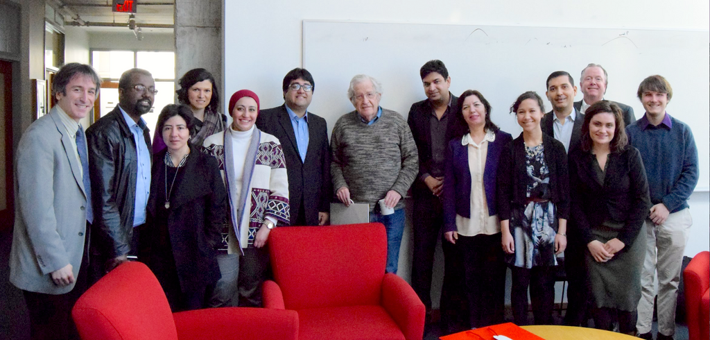 Members of the 2015-2016 cohort, coordinators, and interns with Professor Noam Chomsky at MIT