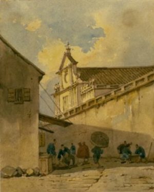 Street scene with São Domingos (Saint Dominic), the convent of the Portuguese Dominicans in Macao, seat of the Propaganda Fide procurators between 1732 and 1776. Watercolor by George Chinnery, c. 1840– 1845. Courtesy of the Peabody Essex Museum, Salem, MA.