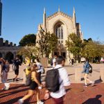 Photo: A campus shot with students mingling about at BU.