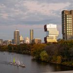 Photo: A wide shot of BU's campus in the fall as the sun sets.