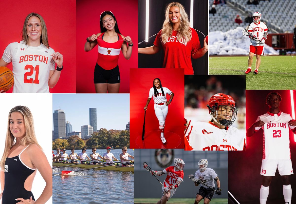 Collage of Boston University student athletes from lacrosse to basketball to hockey.