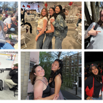 A collage of six photos shows friends spending time together in various settings. Outdoors, two friends sit on the grass during a lively daytime event, making peace signs. At an indoor gathering, three friends pose side-by-side in a room decorated with white chairs and red balloons. In another outdoor scene, two friends stand next to a tree, holding and pointing at a hand-drawn sketch. At an ice hockey rink, two friends smile and give a thumbs-up with the action happening behind them. On an outdoor balcony, two friends share a hug with buildings and leafy trees in the background. At a nighttime event, three friends in casual outfits pose together, one wearing a baseball cap, while others around them appear to be enjoying the same event.