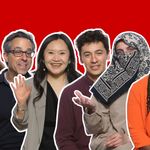 Photo: Six photos of different people put together with white outlines around each in front of a red background.