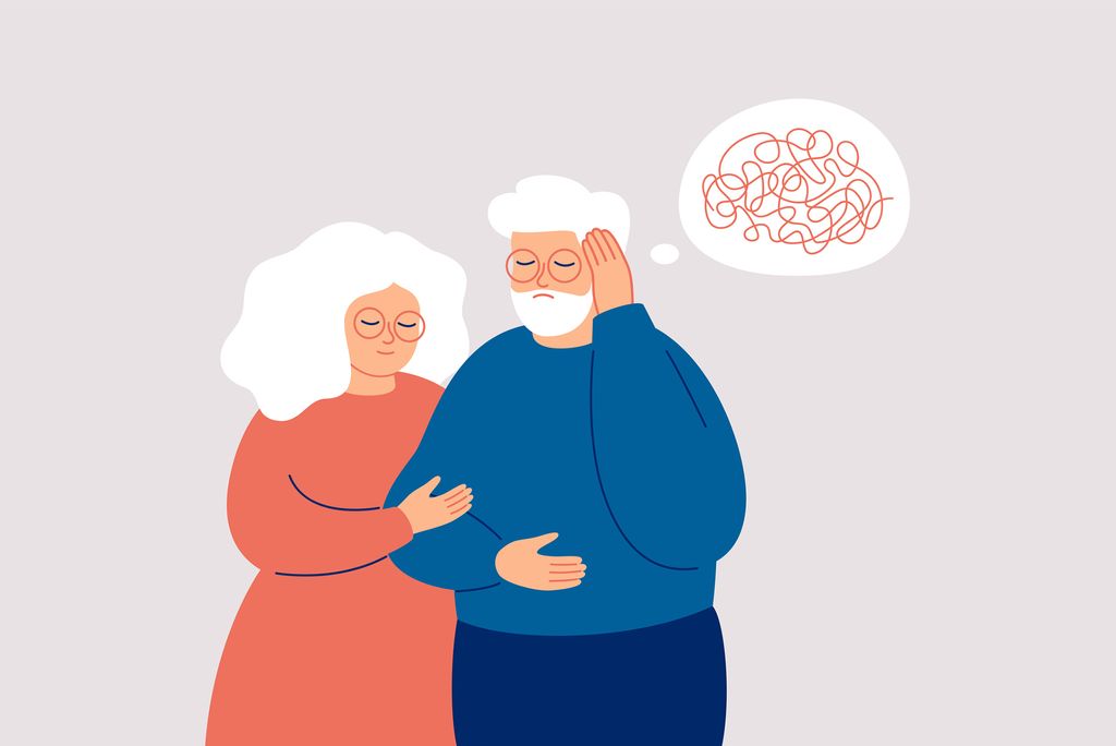 Photo: An illustration of an elderly man with dementia and an elderly woman guiding him by the arm