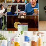 A collage featuring various images: a group of three people enjoying time on a sports field, one wearing a green sweatshirt and the others dressed in white and navy apparel; a close-up of a table scene featuring two people chatting and holding drinks; a single blue-green cocktail garnished with a lime slice and a chili salt rim, set against a blurred background; a person in a black oversized graphic sweater and black boots posing indoors on a wooden floor; and an arrangement of CURIE skincare products, including deodorants, lotions, and creams, displayed attractively against a minimal, nature-inspired background.