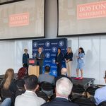 5/30/25 -- Boston, MassachusettsFormer Lieutenant Governor of MA, and president of The WAGE Project, Inc. Evelyn Murphy, from left, associate provost for CDS Azer Bestavros, Secretary of Labor and Workforce Development Lauren Jones, President and Chief Executive Officer of Associated Industries of Massachusetts Brooke Thomson, and CDS associate professor Neha Gondal at a meeting to share about BU's contribution to Massachusetts' new wage-equity legislation called Pay Equity Law May 30 at CDS.Photo by Cydney Scott for Boston University Photography
