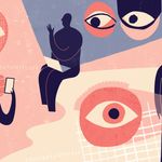 Illustration of various large eyes viewing a person sitting in public