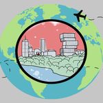 Illustration of the globe with a plane flying around it