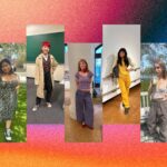 Photo: A collage of five images, each image a photo of a BU student posing to show off their outfits. The background is a multi-colored mesh of bright pinks, oranges, and blues with an added grainy overlay.
