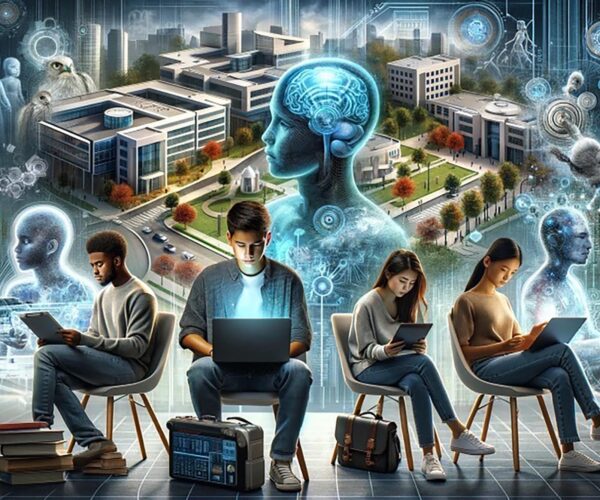 Image: AI generated image shows four students sitting and working on laptops. Behind them various images of large work buildings, greenery, and AI "people" are shown giving the image a feel of "tech space".