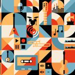 Image: An abstract retro music digital image with red, blue, yellow color scheme.