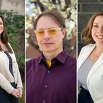 Photo: A collage of three images. On the left, a white woman with long brown hair poses outside in front of top a flowered tree, in the center, a white man wearing yellow-tinted glasses and a purple button up, and on the right, a white woman with shoulder length brown hair poses outside.