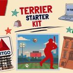 llustrated Boston University “Terrier Starter Kit” graphic featuring campus and Boston-themed icons, including the CITGO sign, a Fenway-style baseball scene, Newbury Street sign, red sneakers, shopping bags, a laptop reading “Go Terriers,” and BU branding.
