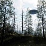 Photo: A wooded area with an eerie aura, a UFO hovers in the air on the right side.