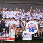 Photo: A picture of the BU Women's Rowing team smiling and posing around a sign that says "Women's Rowing Champions 2024"